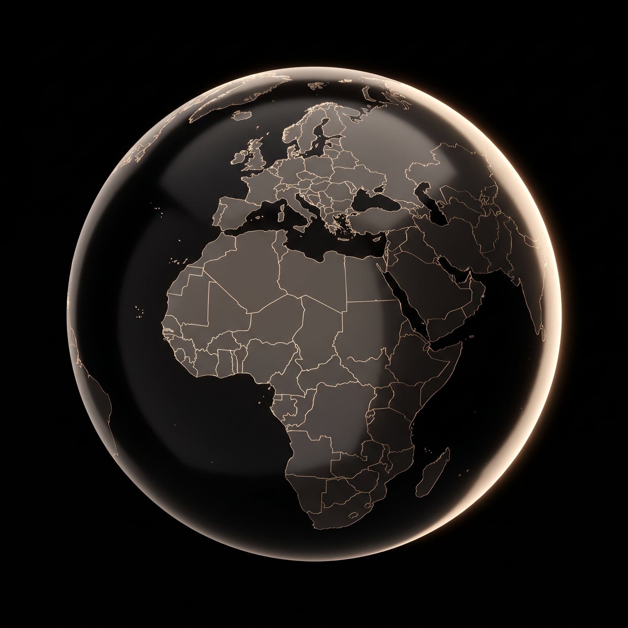 A dark globe with Europe, Africa and the Middle East traced in champagne gold